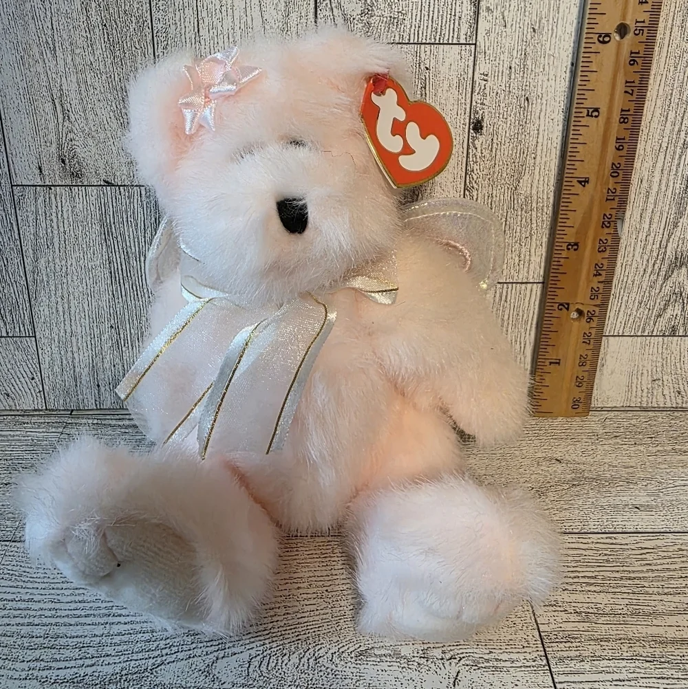 Ty Olympia Plush Bear with Angel Wings and Ribbon